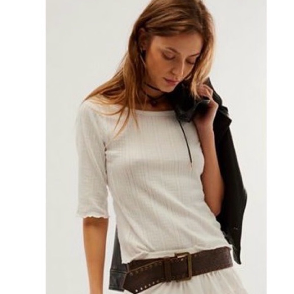 We The Free Sweet and Salty Tee - L -White Ribbed Boatneck Women's Top